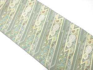 アンティーク　変わり斜め縞・唐花・菊模様織り出し袋帯（材料）